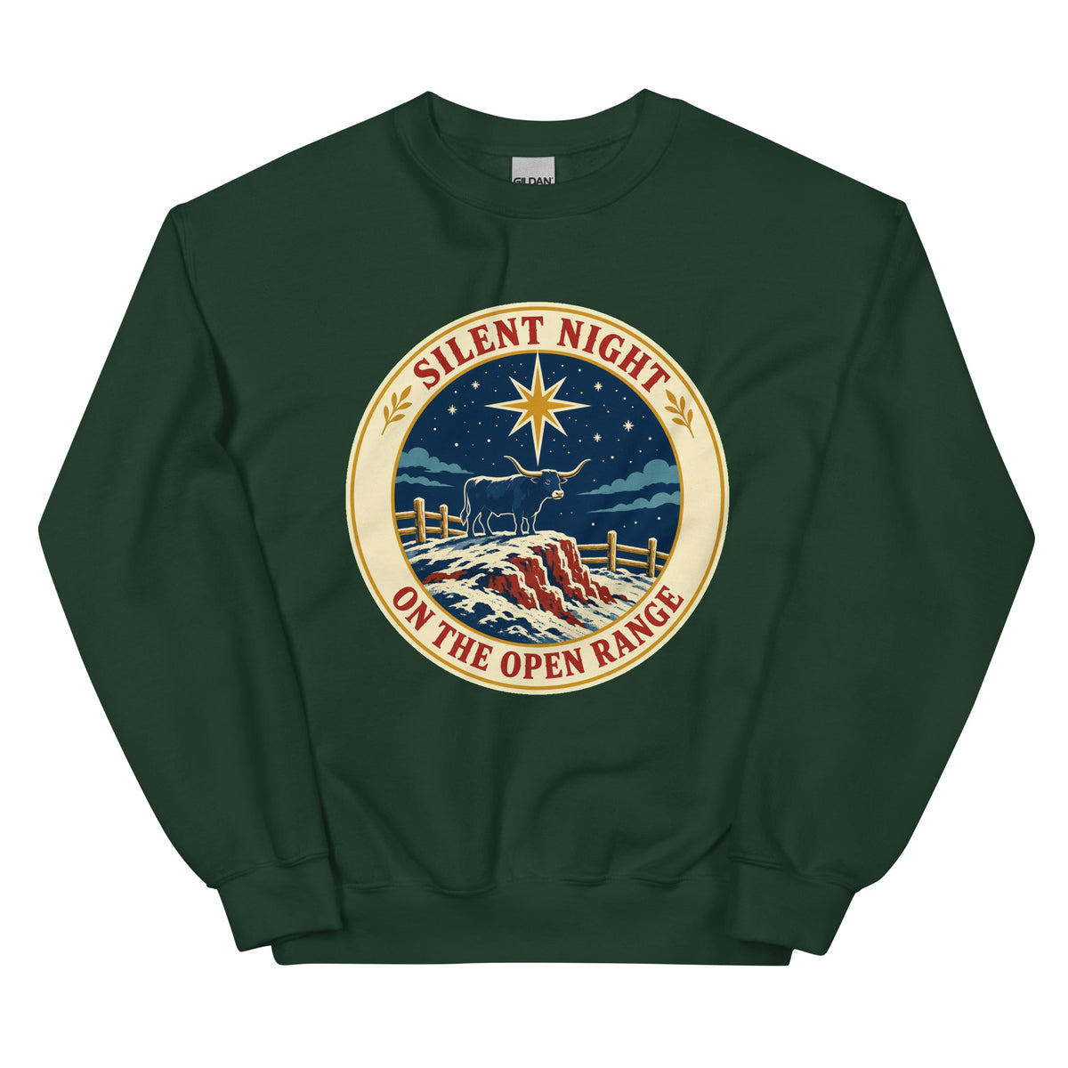 Silent Night On The Open Range Unisex Crewneck Sweatshirt in Forest Green, front view