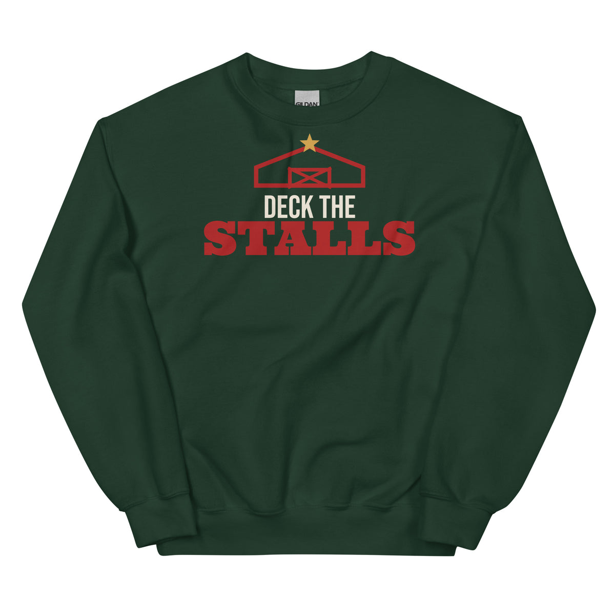 Deck The Stalls Barn Christmas Crewneck Sweatshirt in Forest Green, front view