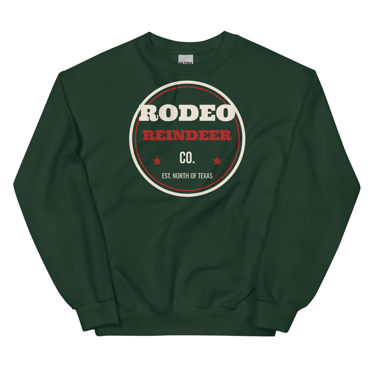 Rodeo Reindeer Co. Western Christmas Crewneck Sweatshirt in Forest Green, front view