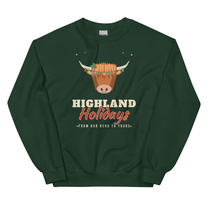 Highland Holidays Highland Cow Christmas Unisex Long Sleeve Sweatshirt in Forest Green, front view