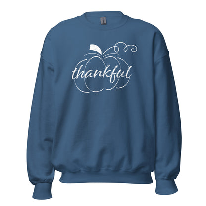 Thankful Cursive Pumpkin Unisex Long Sleeve Sweatshirt in Indigo Blue, front view