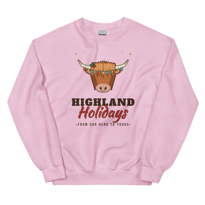 Highland Holidays Highland Cow Christmas Unisex Long Sleeve Sweatshirt in Light Pink, front view