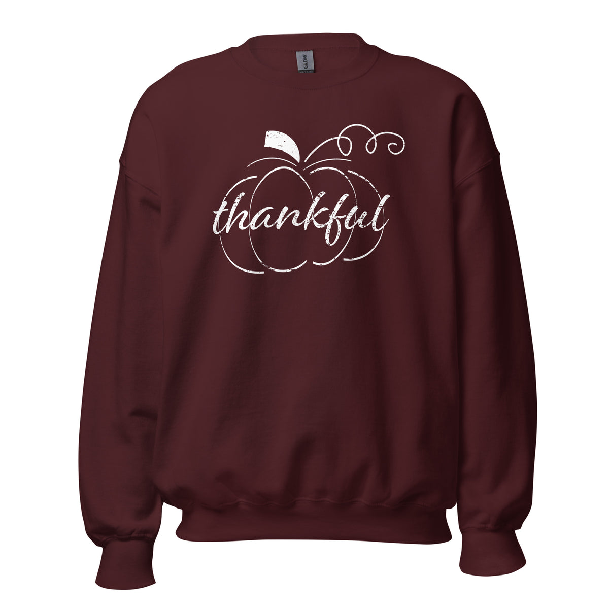 Thankful Cursive Pumpkin Unisex Long Sleeve Sweatshirt in Maroon, front view