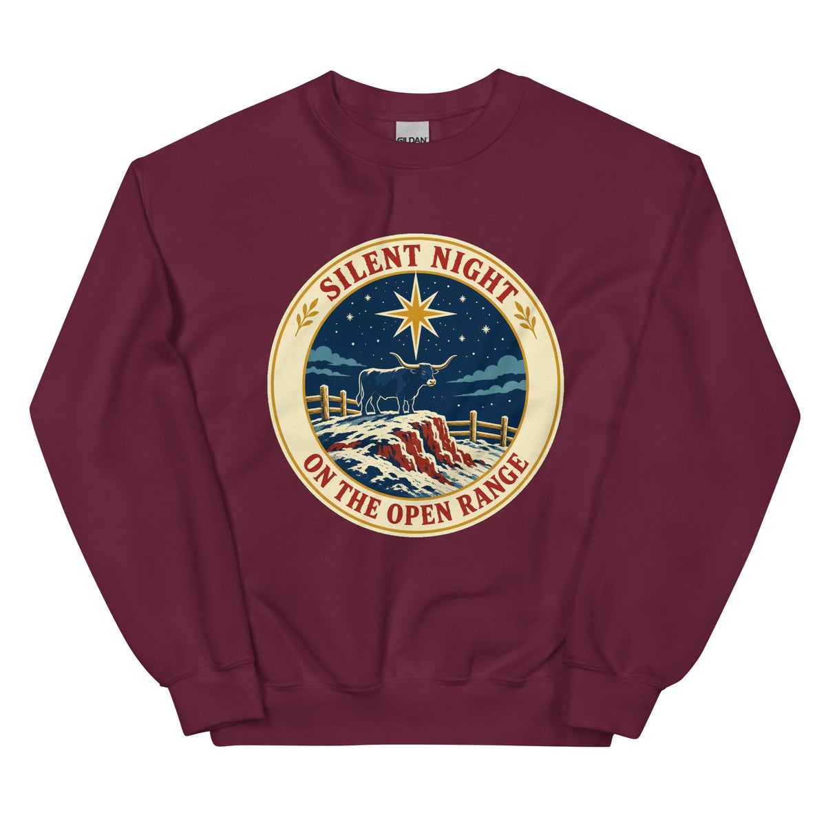 Silent Night On The Open Range Unisex Crewneck Sweatshirt in Maroon, front view