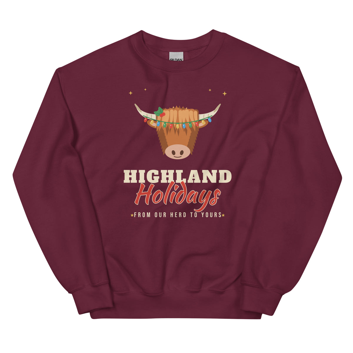 Highland Holidays Highland Cow Christmas Unisex Long Sleeve Sweatshirt in Maroon, front view