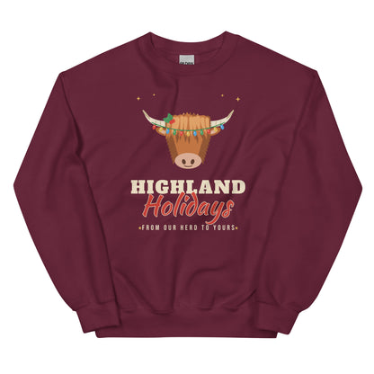 Highland Holidays Highland Cow Christmas Unisex Long Sleeve Sweatshirt in Maroon, front view