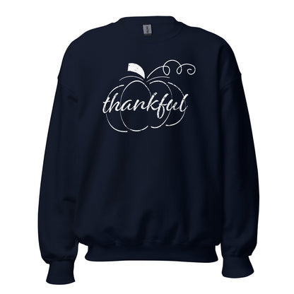 Thankful Cursive Pumpkin Unisex Long Sleeve Sweatshirt in Navy, front view