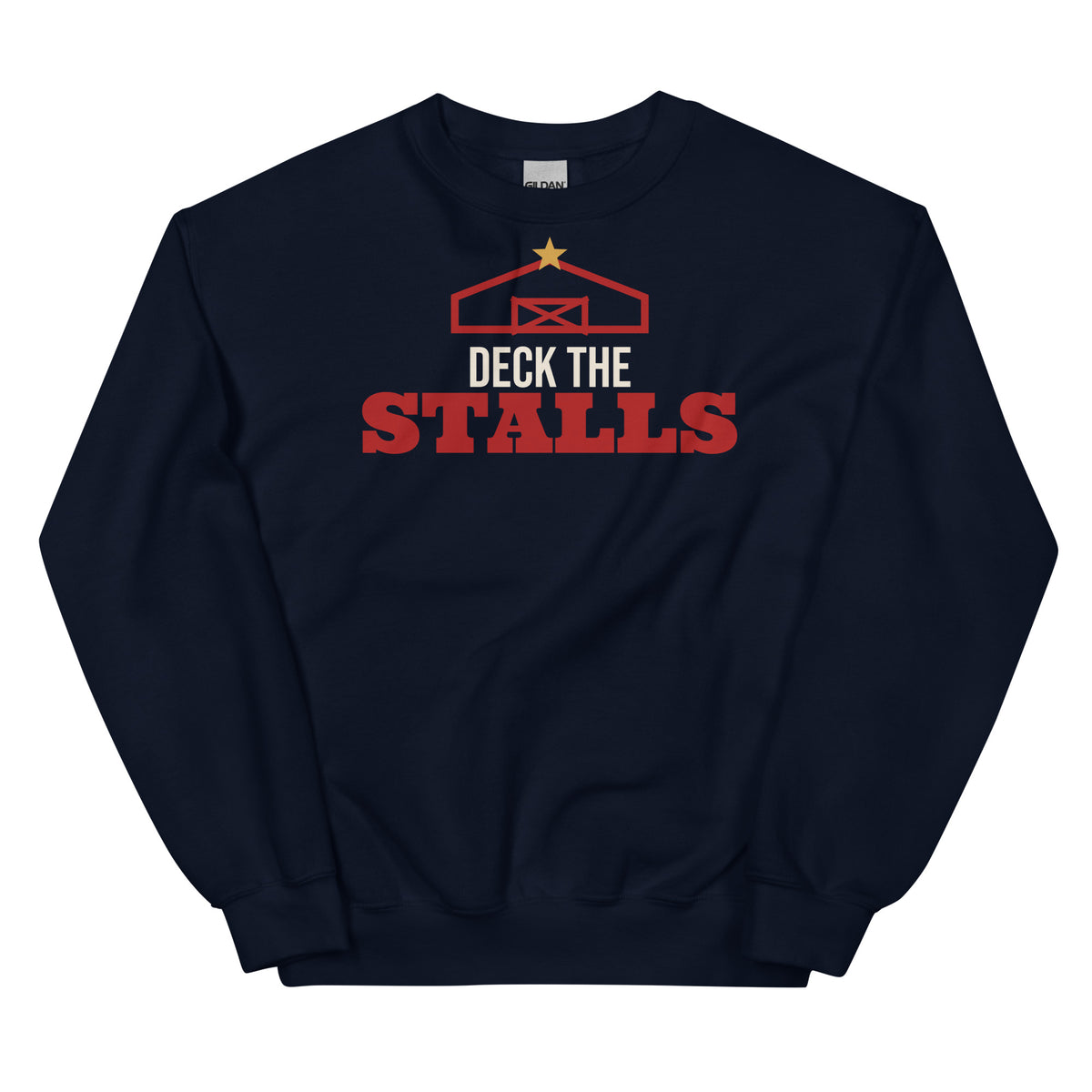 Deck The Stalls Barn Christmas Crewneck Sweatshirt in Navy, front view
