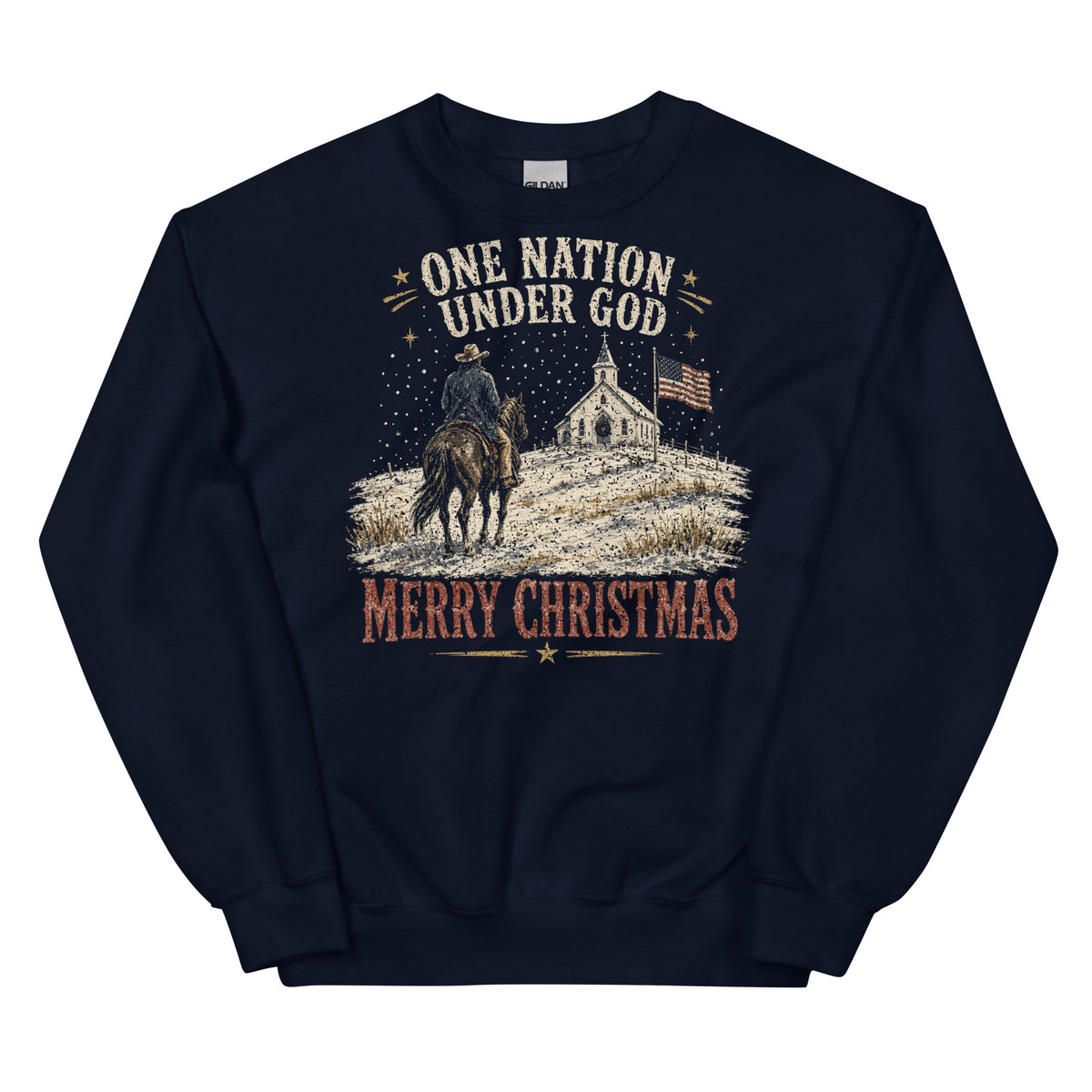 One Nation Under God Merry Christmas western crewneck sweatshirt in Navy, front