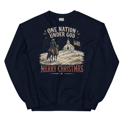 One Nation Under God Merry Christmas western crewneck sweatshirt in Navy, front