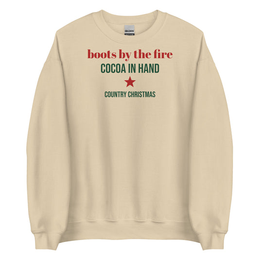 Boots By The Fire Country Christmas Crewneck Sweatshirt in Sand, front view
