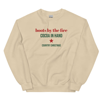 Boots By The Fire Country Christmas Crewneck Sweatshirt in Sand, front view