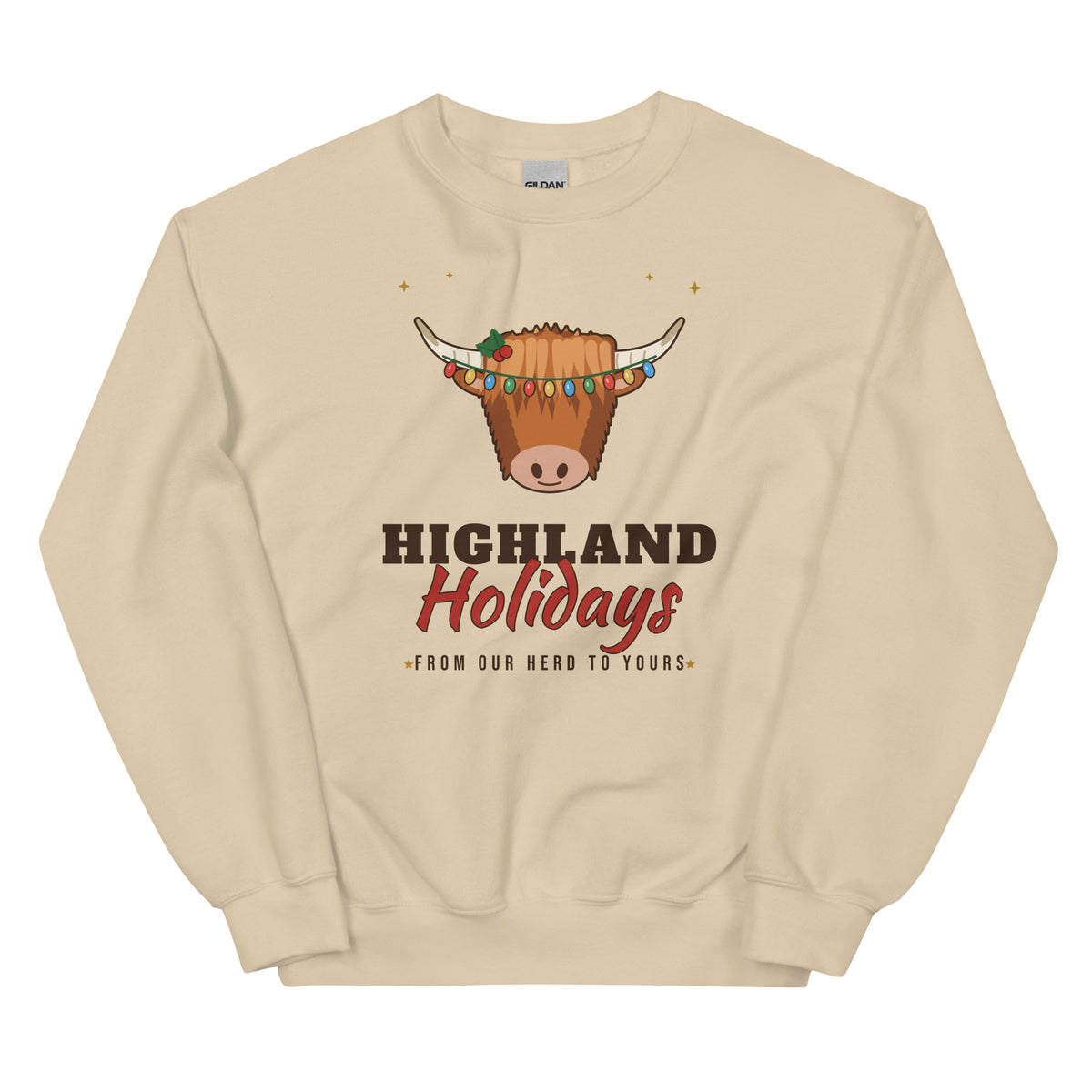Highland Holidays Highland Cow Christmas Unisex Long Sleeve Sweatshirt in Sand, front view