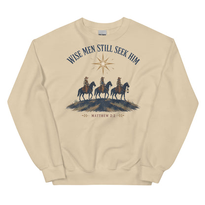 Wise Men Still Seek Him cowboy Christmas crewneck sweatshirt in Sand, front