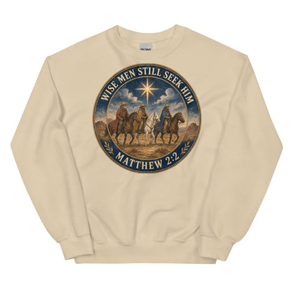 Wise Men Still Seek Him cowboy Christmas crewneck sweatshirt in Sand, front