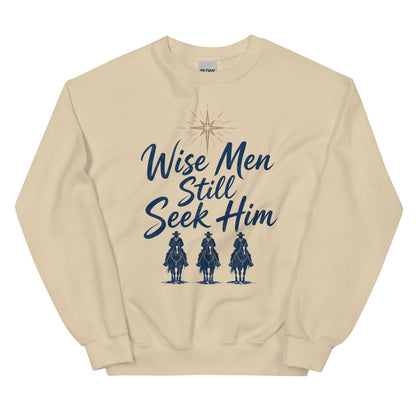 Wise Men Still Seek Him cowboy Christmas crewneck sweatshirt in Sand, front
