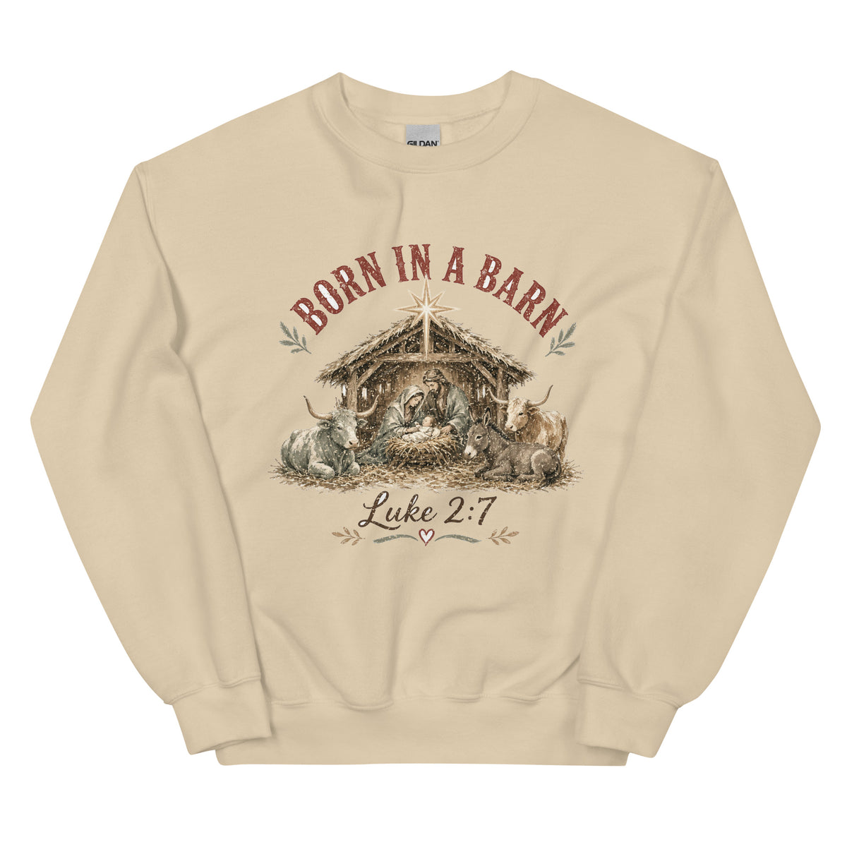 Born in a Barn Nativity western Christmas crewneck sweatshirt in Sand, front