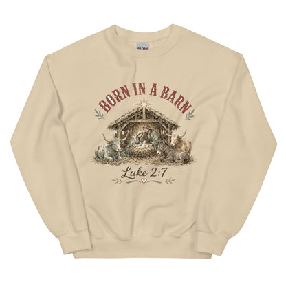Born in a Barn Nativity western Christmas crewneck sweatshirt in Sand, front