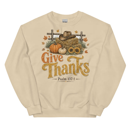 Give Thanks Psalm 107:1 crewneck sweatshirt in Sand, front