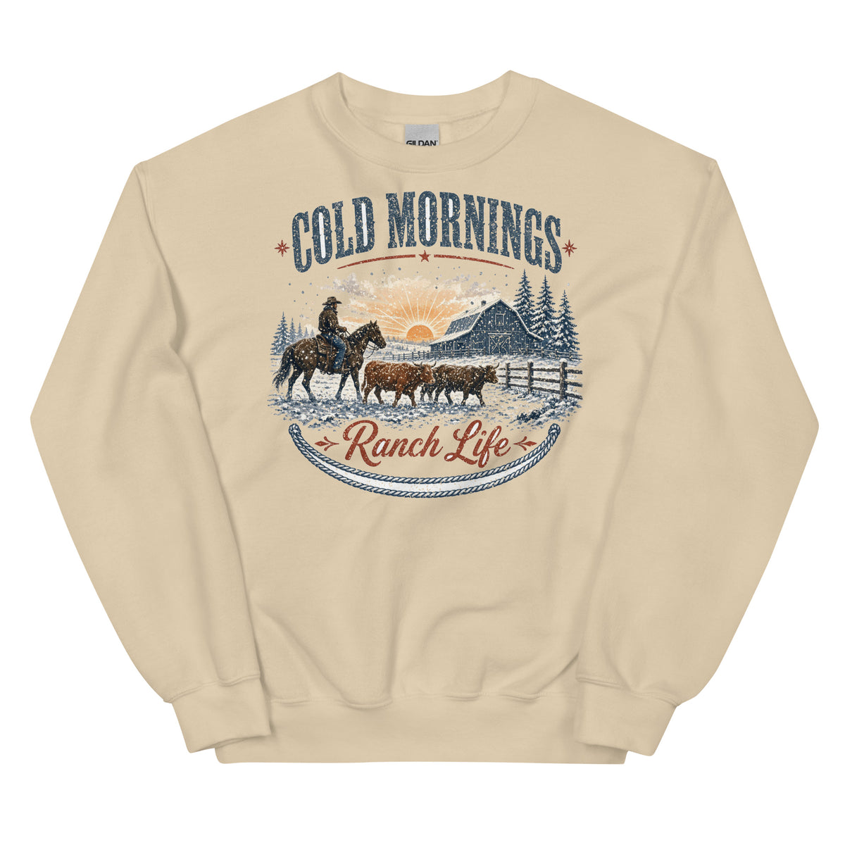 Cold Mornings Ranch Life crewneck sweatshirt in Sand, front