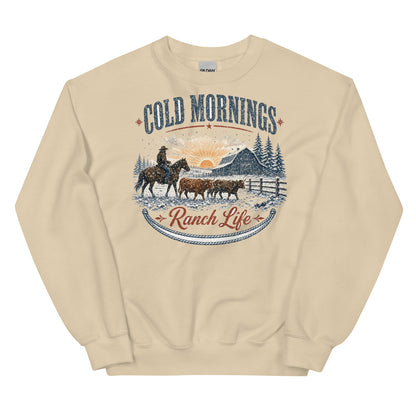 Cold Mornings Ranch Life crewneck sweatshirt in Sand, front
