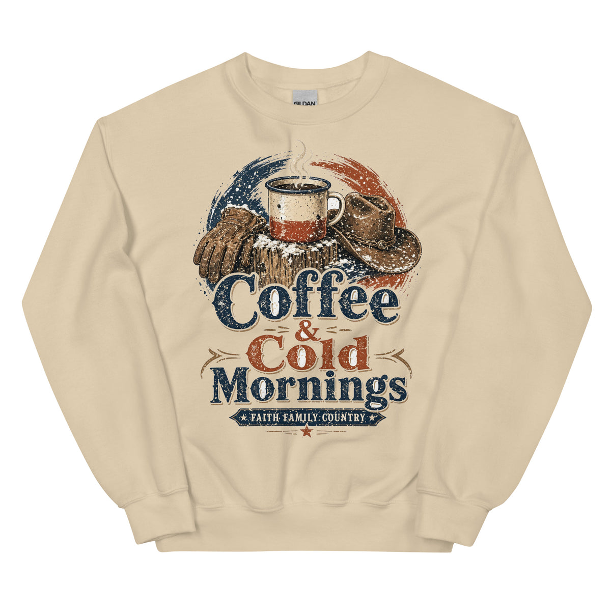 Coffee & Cold Mornings Faith Family Country crewneck sweatshirt in Sand, front