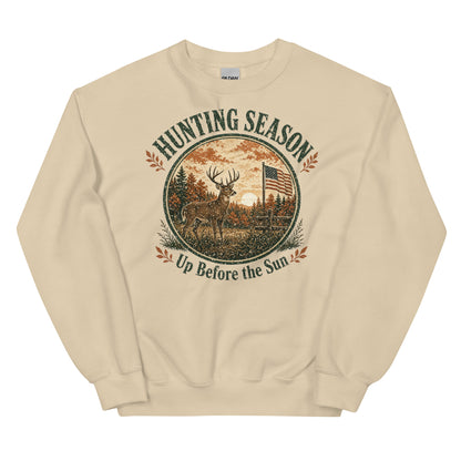 Hunting Season Up Before the Sun Crewneck Sweatshirt in Sand, front view