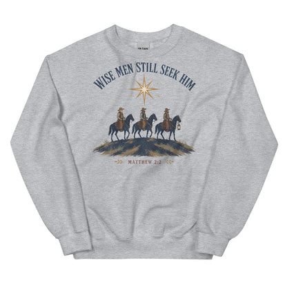 Wise Men Still Seek Him cowboy Christmas crewneck sweatshirt in Sport Grey, front