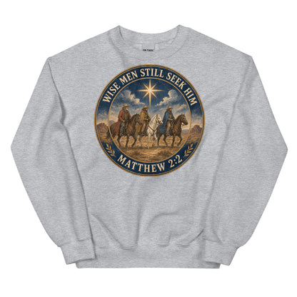 Wise Men Still Seek Him cowboy Christmas crewneck sweatshirt in Sport Grey, front