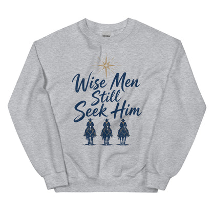 Wise Men Still Seek Him cowboy Christmas crewneck sweatshirt in Sport Grey, front