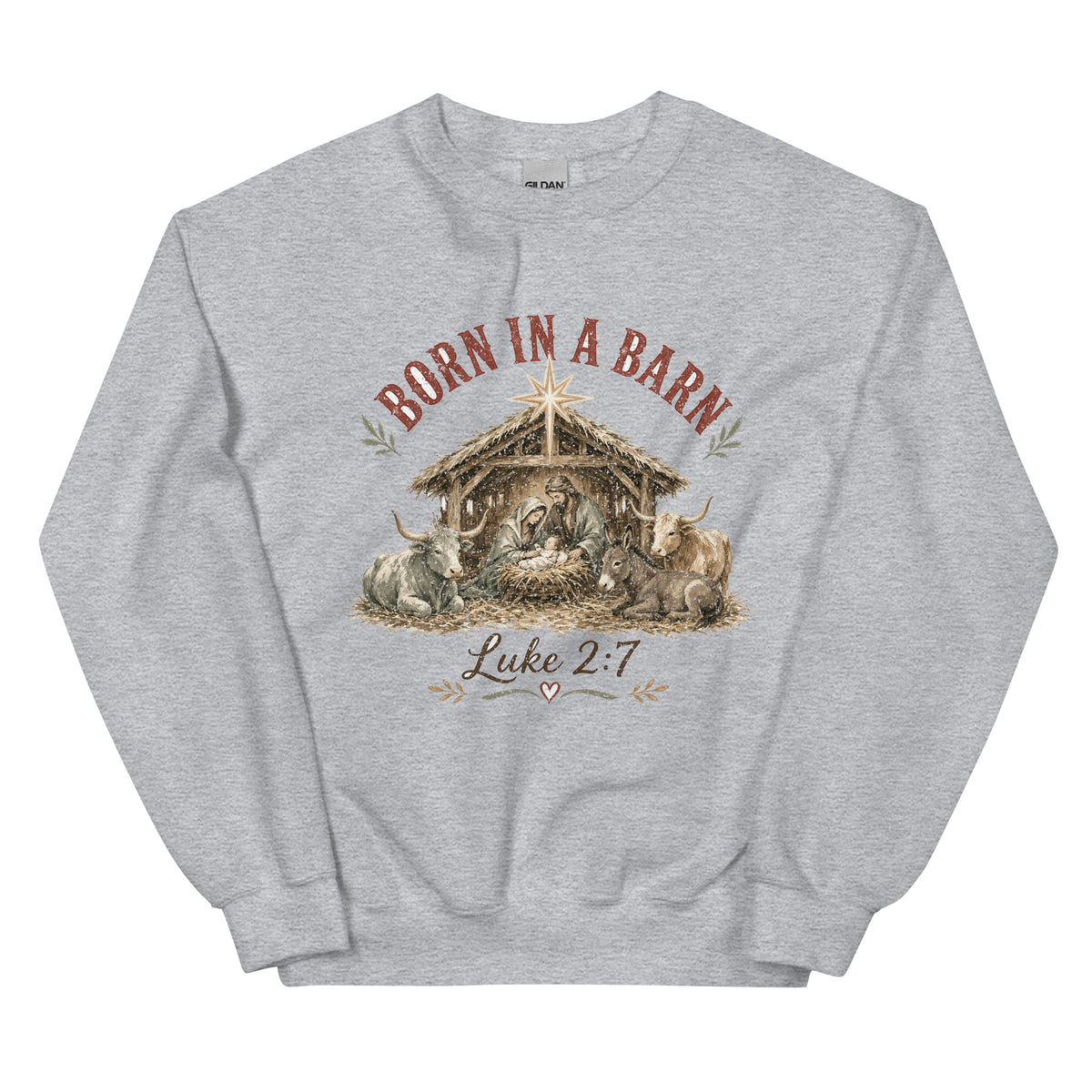 Born in a Barn Nativity western Christmas crewneck sweatshirt in Sport Grey, front