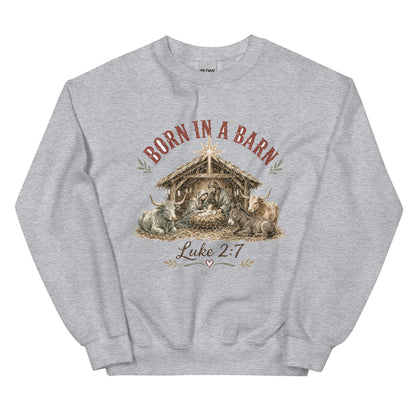 Born in a Barn Nativity western Christmas crewneck sweatshirt in Sport Grey, front