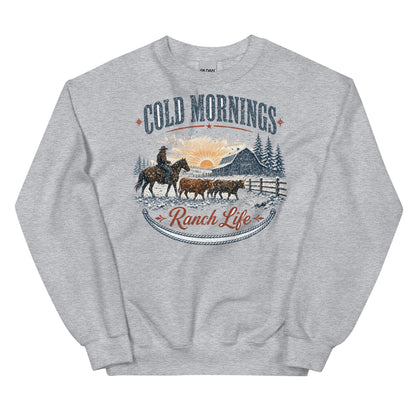 Cold Mornings Ranch Life crewneck sweatshirt in Sport Grey, front