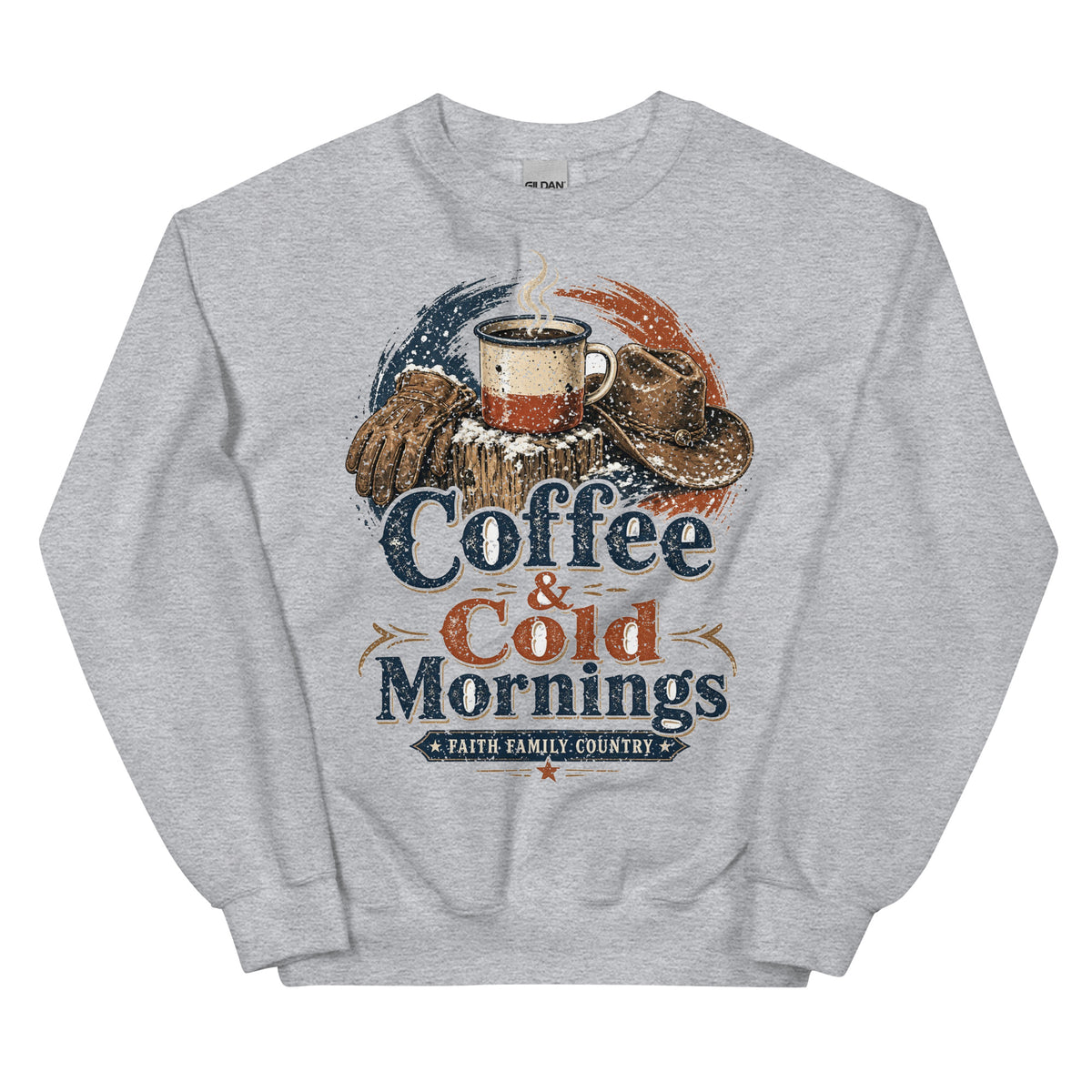 Coffee & Cold Mornings Faith Family Country crewneck sweatshirt in Sport Grey, front