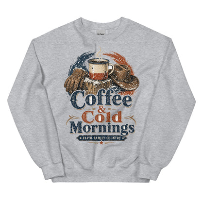 Coffee & Cold Mornings Faith Family Country crewneck sweatshirt in Sport Grey, front