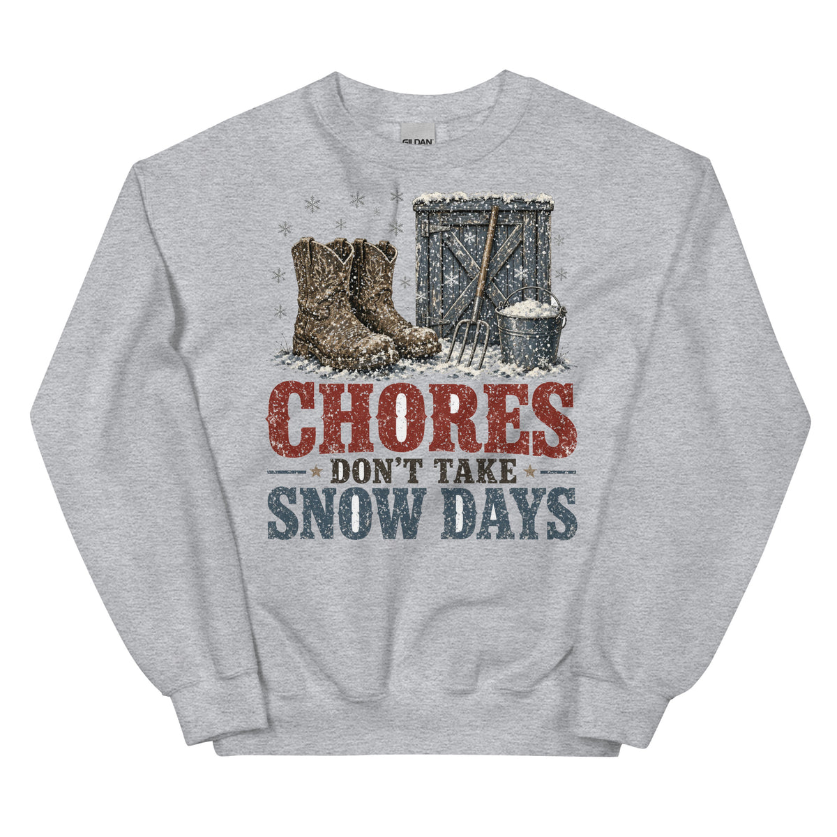 Chores Don't Take Snow Days crewneck sweatshirt in Sport Grey, front