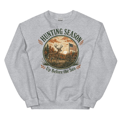 Hunting Season Up Before the Sun Crewneck Sweatshirt in Sport Grey, front view
