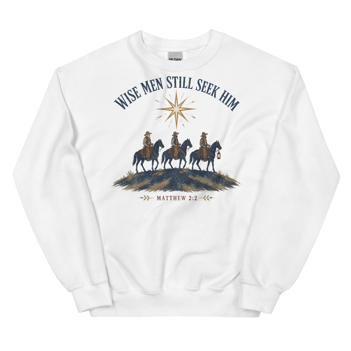 Wise Men Still Seek Him cowboy Christmas crewneck sweatshirt in White, front