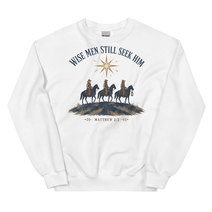 Wise Men Still Seek Him cowboy Christmas crewneck sweatshirt in White, front