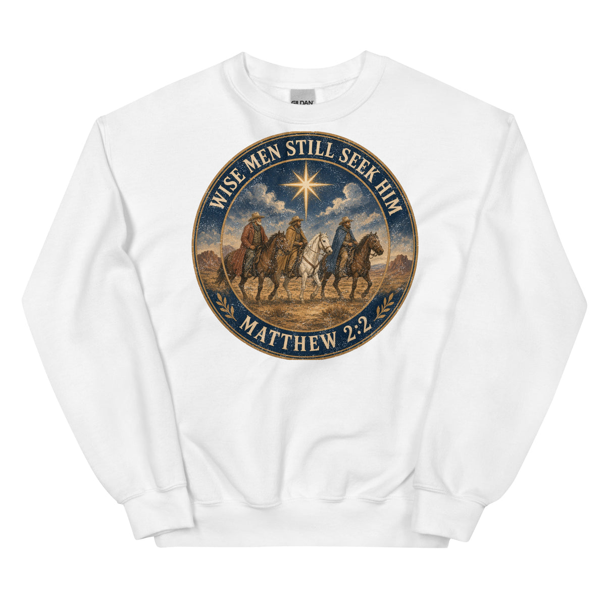 Wise Men Still Seek Him cowboy Christmas crewneck sweatshirt in White, front