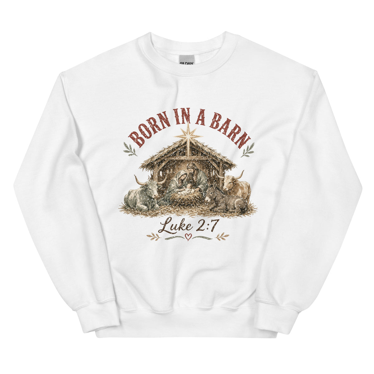 Born in a Barn Nativity western Christmas crewneck sweatshirt in White, front