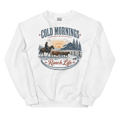 Cold Mornings Ranch Life crewneck sweatshirt in White, front