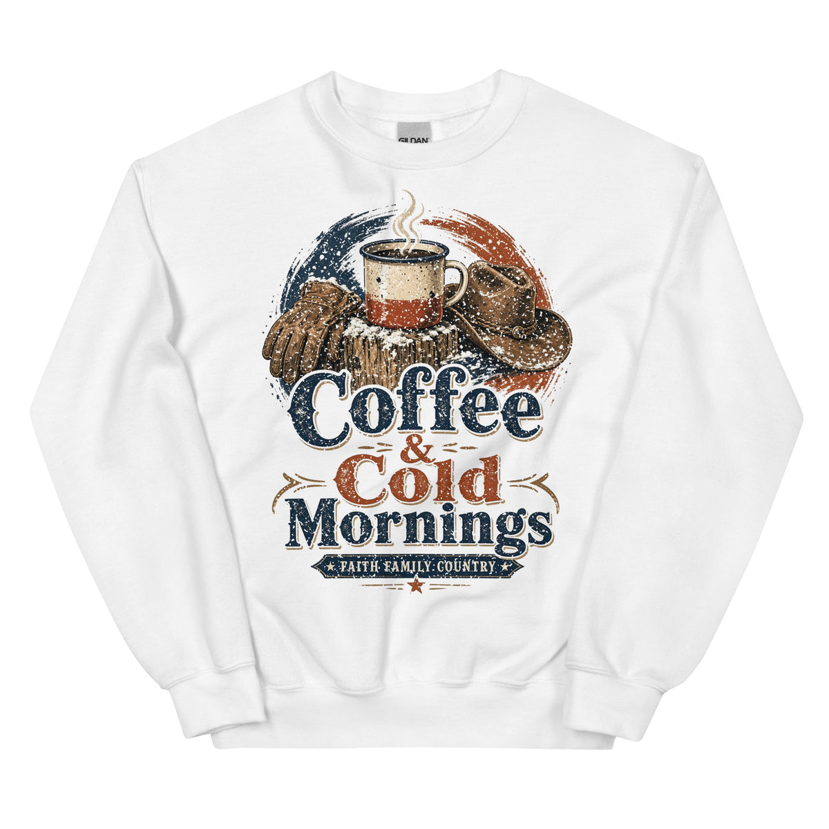 Coffee & Cold Mornings Faith Family Country crewneck sweatshirt in White, front