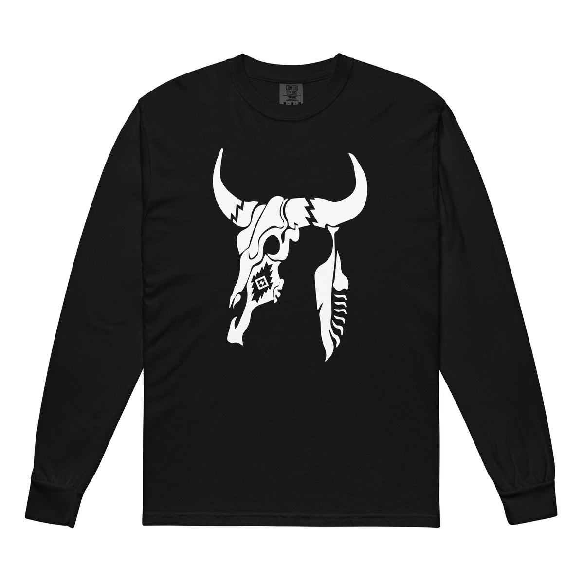 Cow Skull And Feather Comfort Colors Long Sleeve Tee in Black, front view