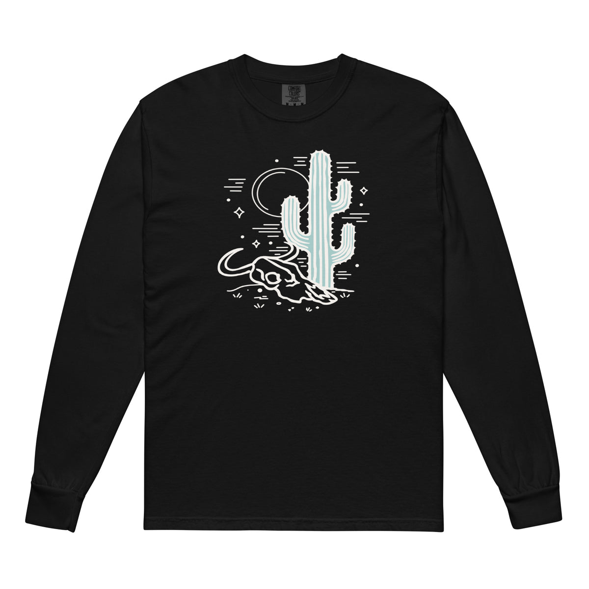 Cactus And Cow Skull Comfort Colors Long Sleeve Tee in Black, front view
