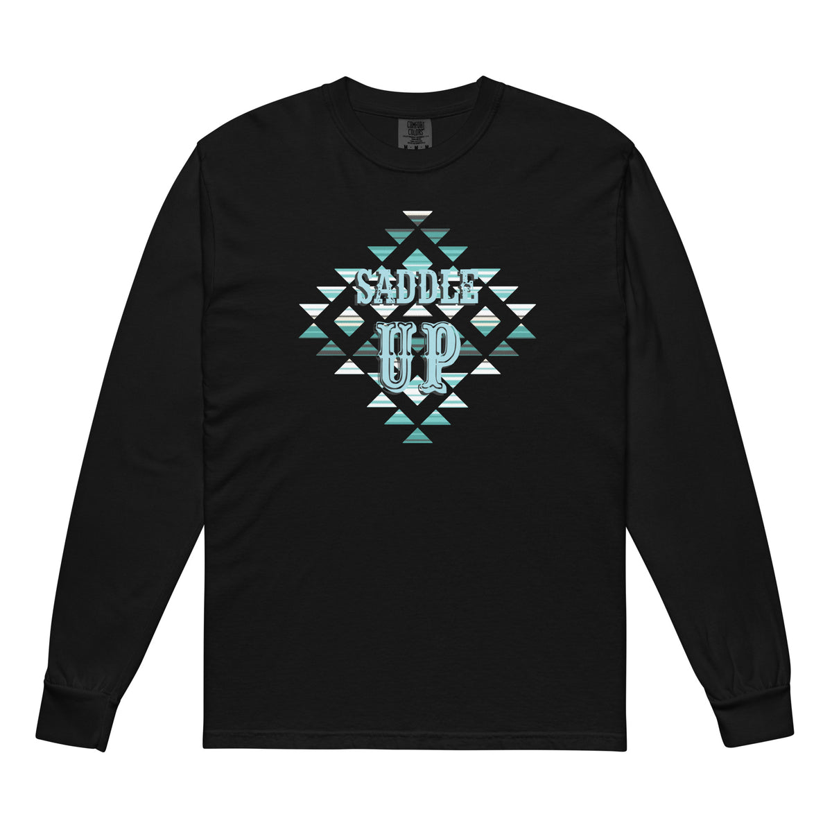 Saddle Up Aztec Comfort Colors Long Sleeve Tee in Black, front view
