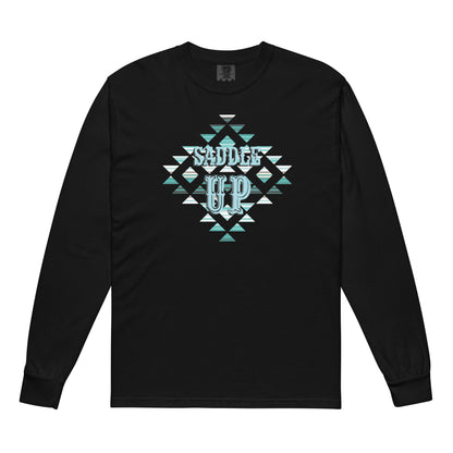 Saddle Up Aztec Comfort Colors Long Sleeve Tee in Black, front view
