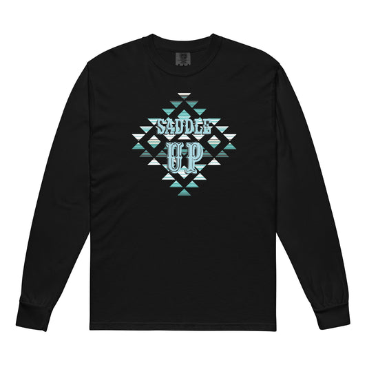 Saddle Up Aztec Comfort Colors Long Sleeve Tee in Black, front view