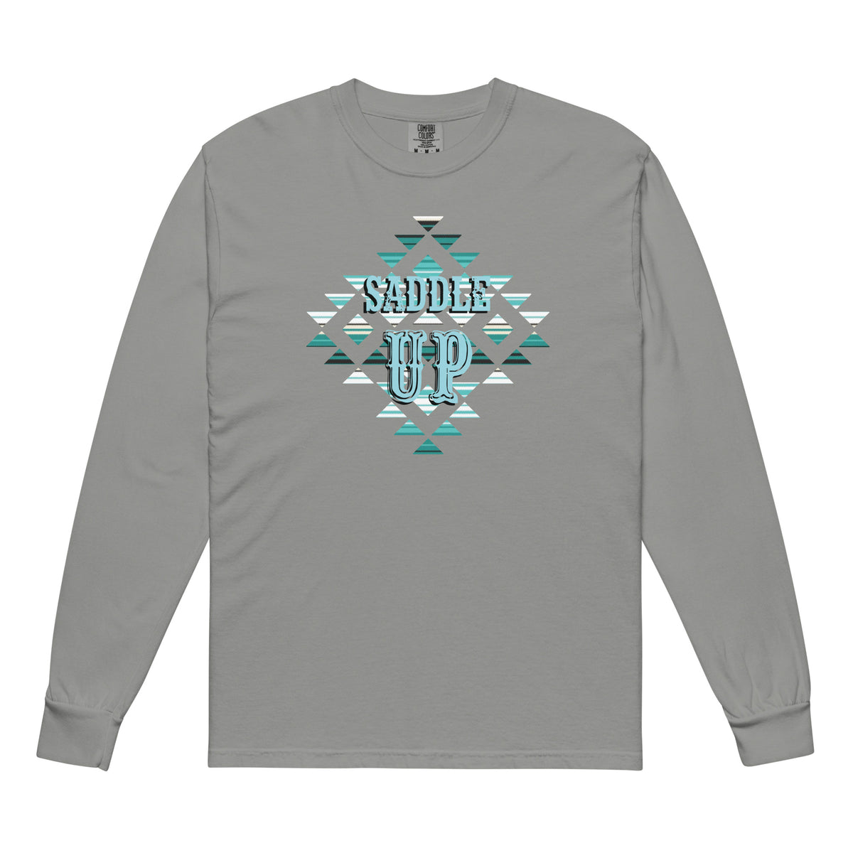 Saddle Up Aztec Comfort Colors Long Sleeve Tee in Grey, front view