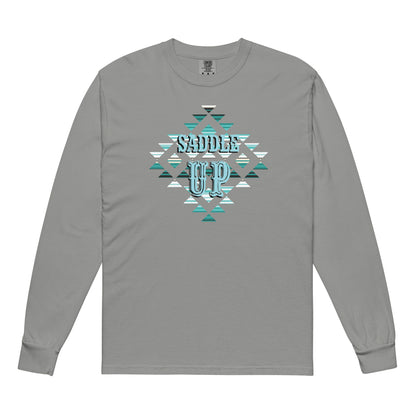 Saddle Up Aztec Comfort Colors Long Sleeve Tee in Grey, front view